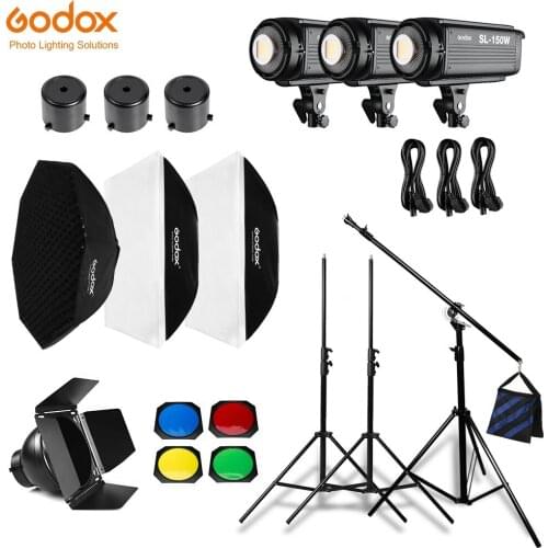 Godox 3x SL-150W White Continuous Light Studio LED Light + Softbox+ Light Stand +Studio Heavy Boom Arm For Studio Photography