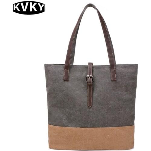 Kvky Korean Women shoulder bag Splice canvas bag woman handbags contracted joker zipper buckles womens top-handle bags