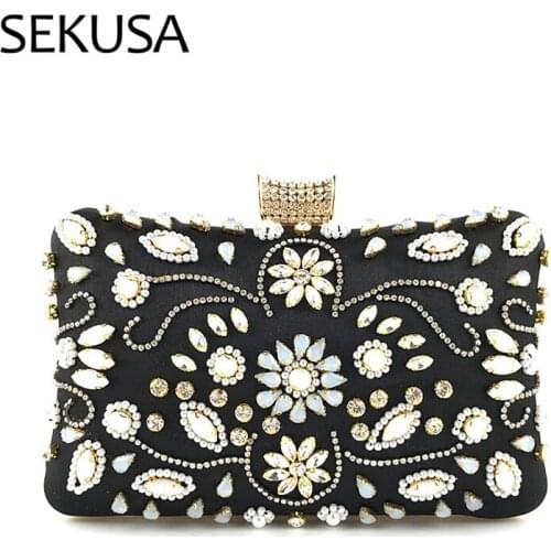 Embroidery Diamonds Party Handbags Flower Acrylic Metal Chain Shoulder Evening Bags Crystal Satin Purse Holder