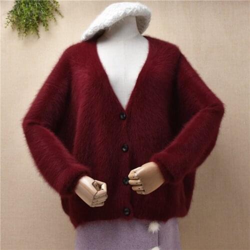 Ladies women fashion hairy plush mink cashmere knitted long sleeves deep v-neck loose cardigans angora fur jacket coat sweater