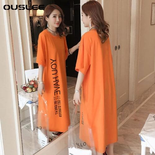 Ouslee Korean Style Women Summer Cotton Long Letter Printed Dress Loose Large Size 4XL Casual Womens Sleepwear Daily Lovely