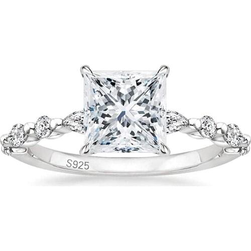 EAMTI 2CT 925 Sterling Silver Ring Princess Cut CZ Engagement Ring Marquise & Round Cubic Zirconia Wedding Band for Women