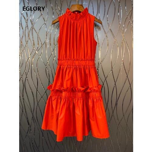 2021 Spring Summer Fashion Sleeveless Dress High Quality Ladies Ruffle Pleated Patchwork Slim Fitted A-Line Black Orange Dress