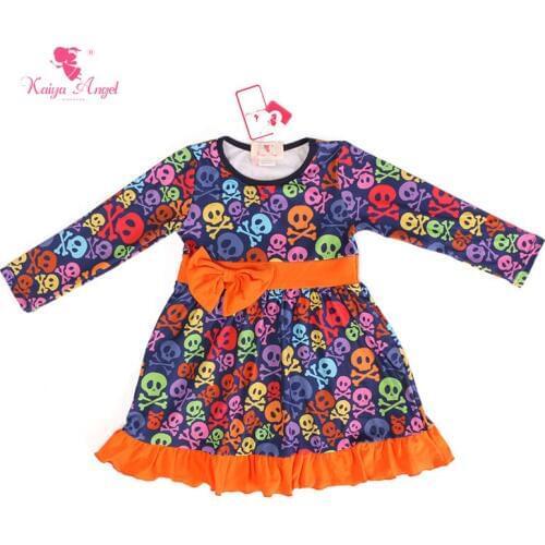 Kaiya Angel Girls Winter Dress Halloween Girls Clothing Colorful Skull Dress For Kids Girls Orange Belt Bow Childrens Princess