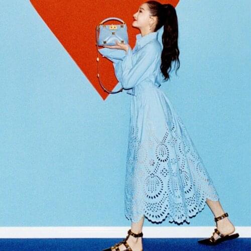 Fashion Designer 2021 Autumn Dress Women Blue Long Sleeve Hollow Out Single Breasted Draw String Office Lady Dresses