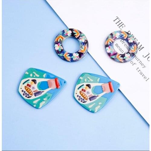 4pcs ABS 3D Flower Stamp Round Charms Acetic Acid Ear Base Pendant DIY Jewelry Earring Making