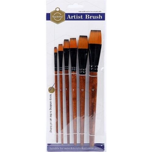 6pcs Coffee Color Flat Artist Brush Nylon Hair Wood Art Paintbrush for Watercolor Oil Acrylic Beginners Painting Art Supplies