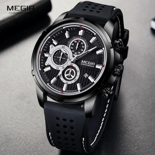 MEGIR Military Quartz Watches Men Top Brand Luxury Chronograph Sport Watch Relogios Masculino Silicone Wristwatch Man 2101 Black