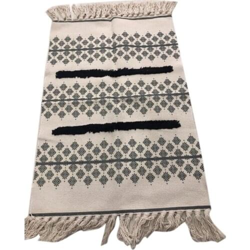 Black White Carpet Cotton Linen Geometric Rug Nordic Ethnic Style Bedroom Floor Mat Hand Woven Tassel Carpet