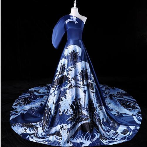 Sea wave printing single sleeve design long dress gown train court Gown queen Victoria drama gown