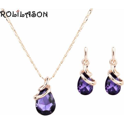 ROLILASON Purple Crystal Zircon Rose Gold Set Spring Carnival Pendant Necklace Earrings Fashion Wedding Jewelry JS823