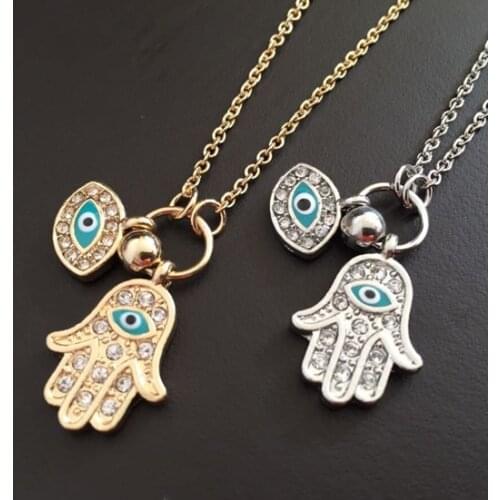 Gold and turkish Judaica Hand of Fatima Pendant Evil Eye Necklace Crystal Enamel Jewelry for woman fashion 2016