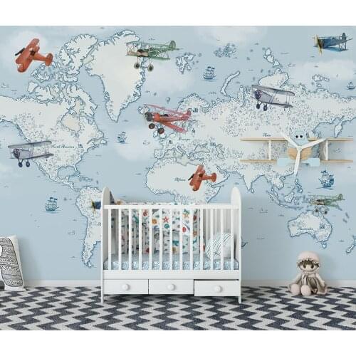 Bacaz Ocean Nautical Airplane World Map 3d Cartoon Wallpaper Mural for Kids Baby Child Room 3d Cartoon Mural Wall paper Stickers