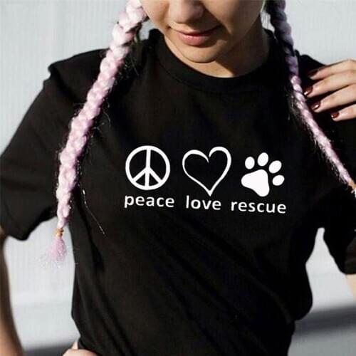 New peace love rescue print cotton t shirt women girl friend dog lover summer tops graphic tees hispter