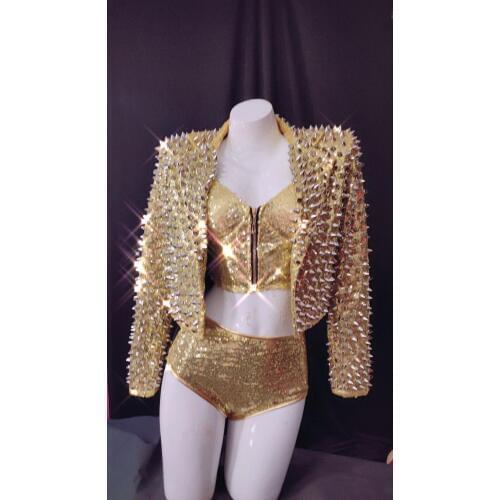 New 2 Color Sparkly Rivets Sequins Jacket Bra Short Set Birthday Prom Outfit Women Singer Dancer Costume Bar Outfit Set