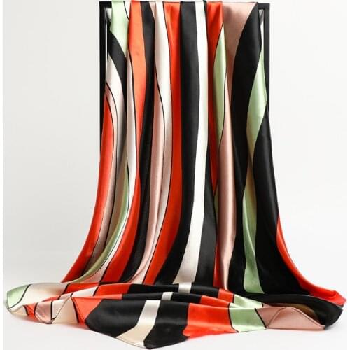 New Luxury Stripe Silk Square Scarf Women Print Satin Kerchief Hairband Female Headscarves Turban Shawl Wrap Hijab Bandana