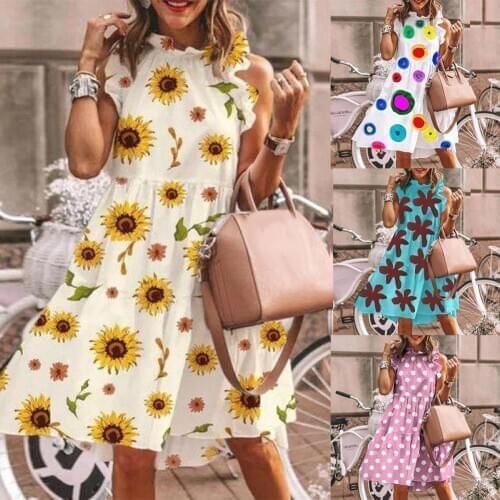 Women O Neck Sleeveless Ruffled Edges Sunflower Dots Print A Line Midi Dress Women O Neck Sleeveless Ruffled A Line Midi Dress