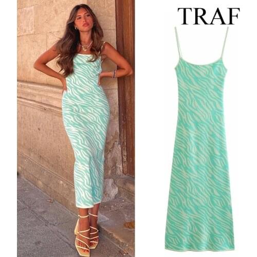 TRAF ZA Dresses For Women 2021 Vintage Fashion Sundress Sexy Sleeveless Backless Long Dresses Woman Clothes Casual Beach Dress