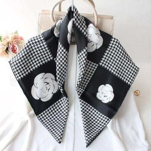 Camellia Print 100% Real Silk Scarf Wraps Foulard Women Fashion Elegant Head Scarves Hijab for Hair Wrapping 35"x35"