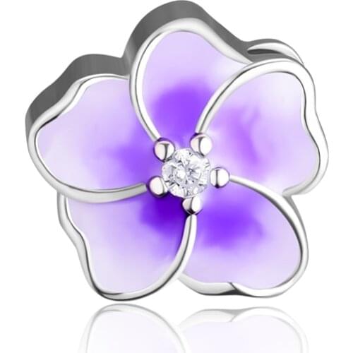 Fits for Pandora Charms Bracelets Orchid Beads with Radiant Purple Enamel & CZ 100% 925 Sterling-Silver-Jewelry Free Shipping