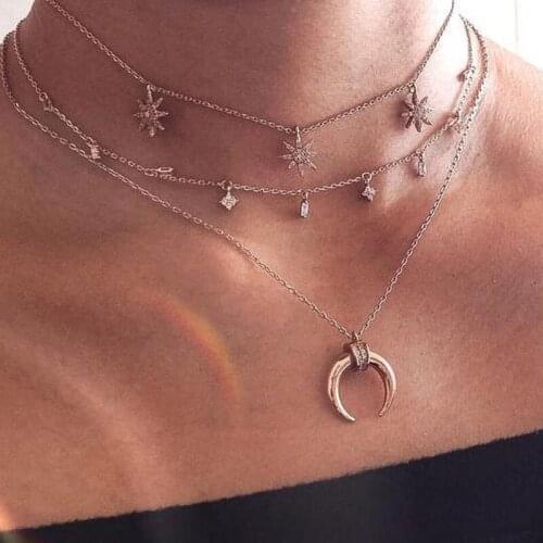 RE Fashion Long Star Moon Necklaces Silver Color Chain Necklace Women Boho Style Multilayer Crystal Pendants Choker jewelry