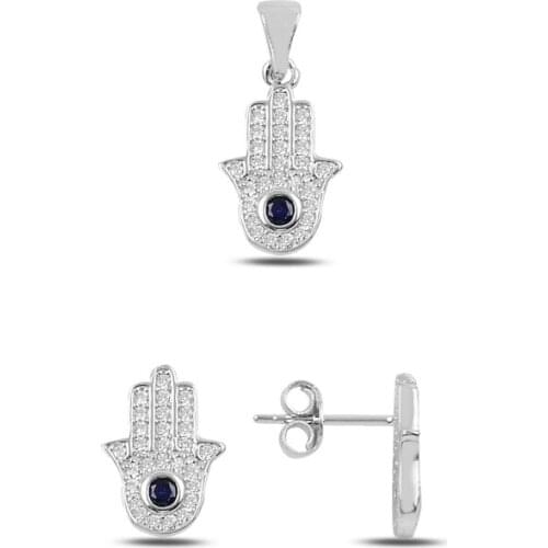 Silver 925 Sterling Zircon Cubic Zirconia Fatma Master Hand Earrings & Pendant Set