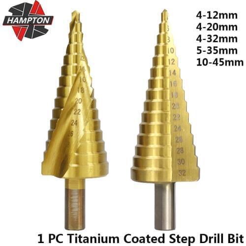Hampton 1pc HSS 4-12 4-20 4-32 5-35 10-45 Titanium Coated Step Drill Bit For Wood Hole Cutter Triangle Shank Core Drill Bit