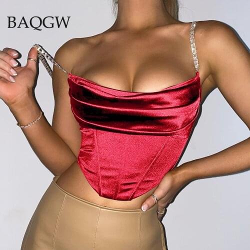 Summer Party Crystal Diamond Chain Cropped Bustier Cami Top Satin with Full Lined Women Sexy Club Wear Outfits Slim Corset Tops