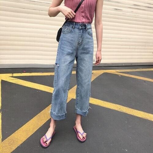 Womens Mother Jeans New Womens High Waist Ripped Denim Wide-leg Pants Korean Version of Large Size Straight Pants Loose