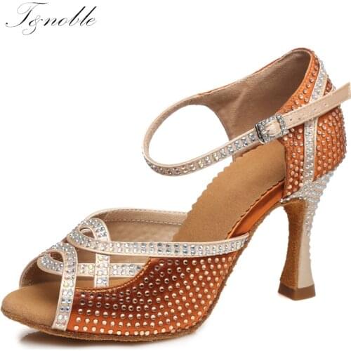 Women Latin Dance Shoes Tan Sandal Rhinestones Salsa Bachata Ballroom Kizomba Rumba Lace-Up Dance Shoes High Heel 10CM New L459