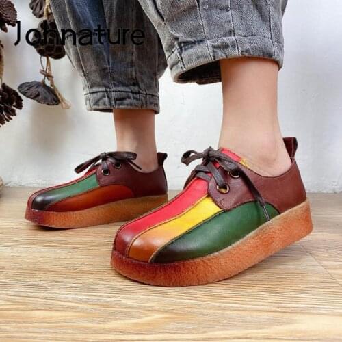Johnature Pumps Women Shoes Genuine Leather Mixed Colors Lace-Up Retro 2021 New Handmade Round Toe Fashion Sewing Ladies Shoes