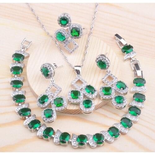 Amazing Green Crystal Silver Color Jewelry Set Women Engagement Gift CZ Bracelet Necklace Pendant Earrings Ring QS0708