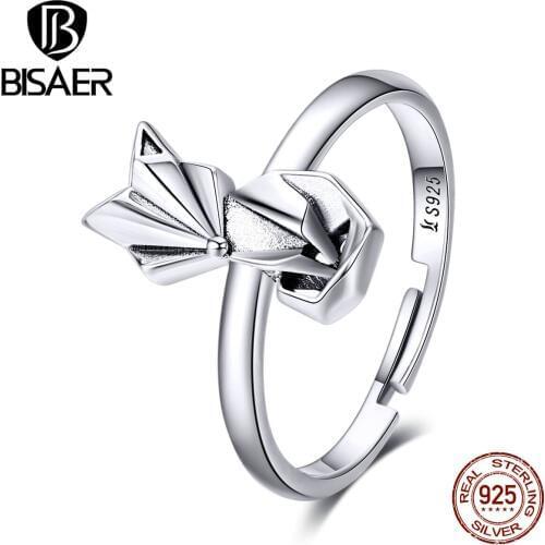 Fox rings BISAER 925 sterling silver animal fox women rings women open size adjustable fine luxury jewelry ECR560