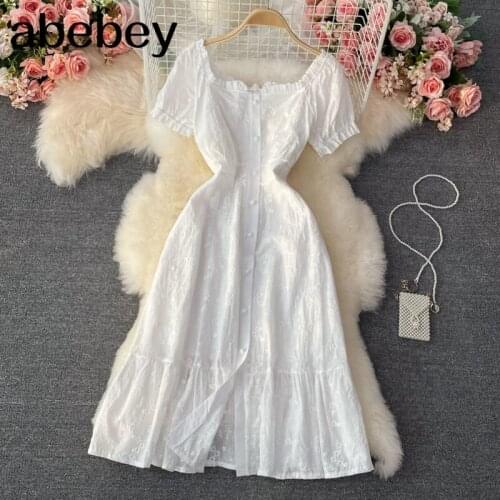 2021 New Summer French style square collar puff sleeve Dress high waist pleated waist Embroidery single breasted Dress