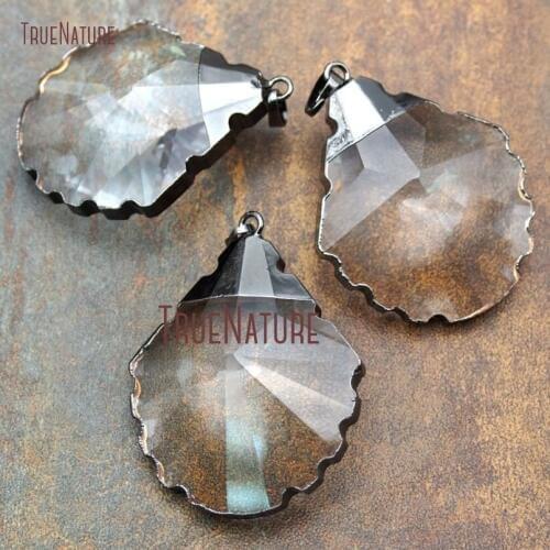 10Pcs Top Seller Glass Crystal Pendant Wavy Edge Gun Black Plated Faceted Water Drop Pendant 51x39mm PM14542