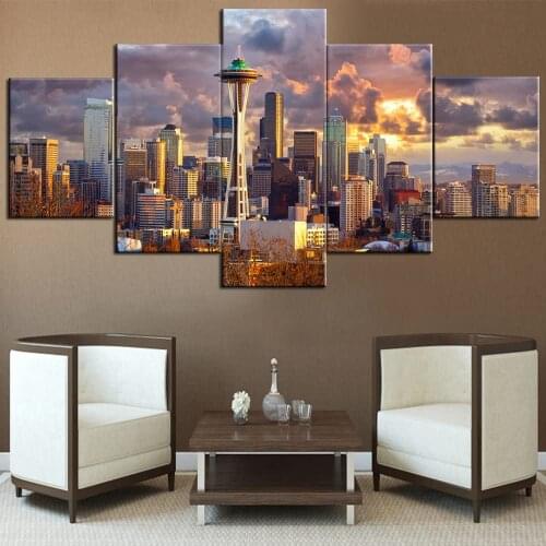 5 Panel Canvas Painting Home Decor City View Building Poster Wall Art Posters And Prints Decorative Picture For Office
