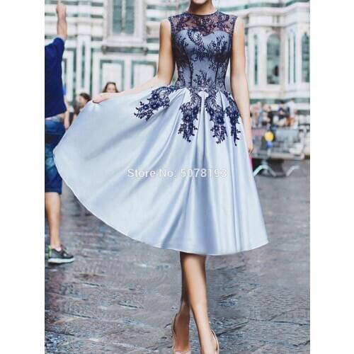 N216 navy-blue Fashion O-neck A-line above-knee satin&lace short homecoming dresses/formal gowns appliques&buttons free shipping