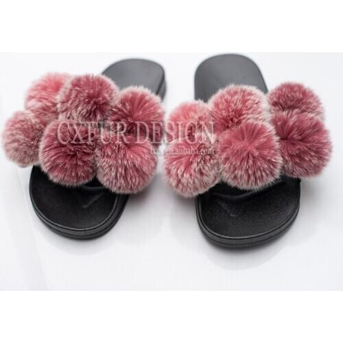 Free Shipping CX-A-103B Womens Furry Slippers Ladies Cute Plush Fluffy Rex Rabbit Fur Ball Slippers Womens Fur Slippers