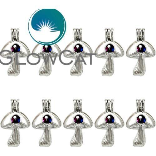 GLOWCAT 10x K676 Cute Mushroom Beads Cage Locket Pendant Essential Oil Diffuser Aromatherapy Pearl Cage Jewelry Making Supplies