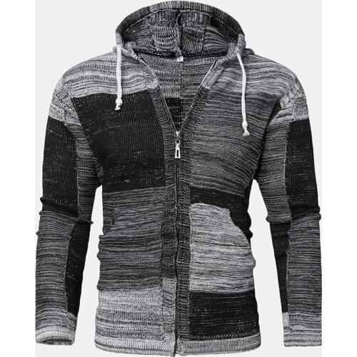 Large Size Multicolor Stitching Long-sleeved Zipper Cardigan Hooded Sweater Knit Sweater Mens Casual Jacket Harajuku Clothing
