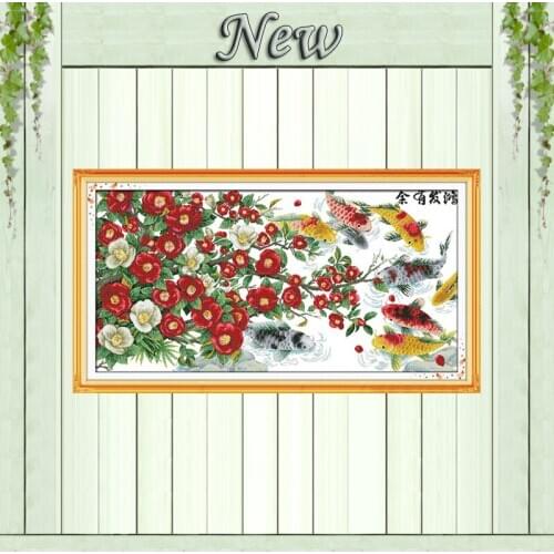 Flowers and fishes home decor painting counted print on canvas DMC 14CT 11CT Chinese Cross Stitch Needlework Set Embroidery kits