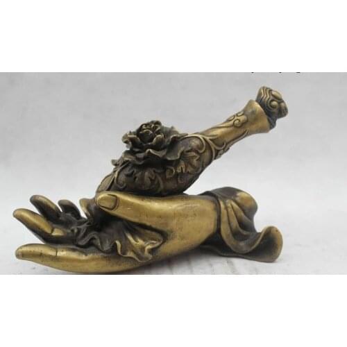 6"Chinese Folk Pure Bronze Lucky excellent lotus flower Hands Vase Statue