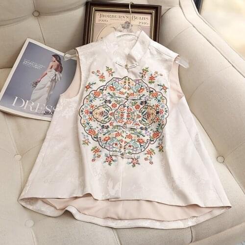 Chinese Style Button Vest Top Womens Summer Retro Gorgeous Palace Embroidery Stand Collar Elegant Waistcoat S-XXL