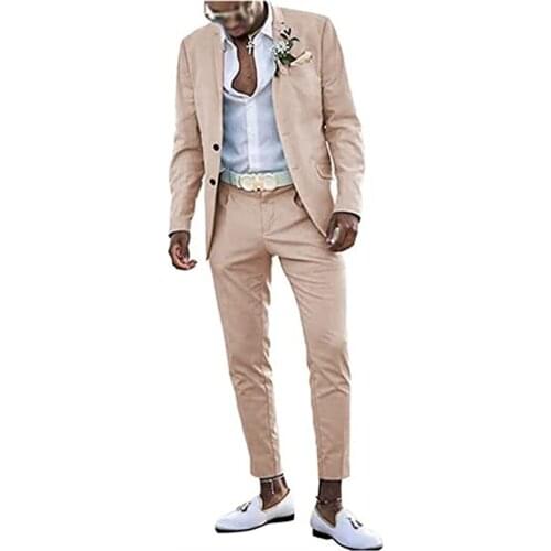 Mens Wedding Suits Formal 2 Pieces Beige Yellow Single Breasted Two Buttons Slim Fit Stylish Blazer Jackets and Pants Costumes