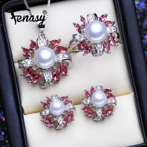 FENASY 925 Sterling Silver Natural Freshwater Pearl Jewelry Sets for Women Pearl Necklace Ruby Earring ring Idea Gift