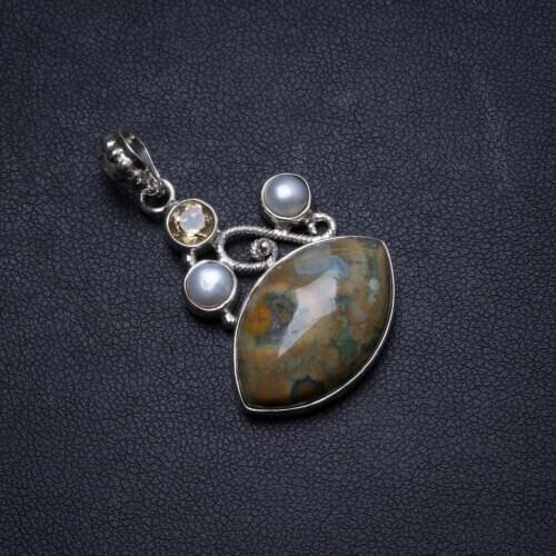 Natural Ocean Jasper,Citrine and River Pearl Handmade Unique 925 Sterling Silver Pendant 1.5" X1220