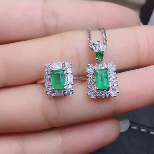 Real Natural Emerald jewelry set Natural Real Emerald 925 sterling silver 1pc pendant,1pc ring