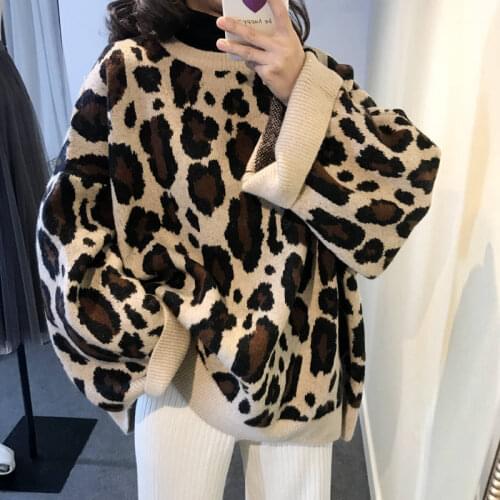 2021 Autumn Winter Clothes Women Womens Casual Oversize Leopard Print Models Lazy Knit Pullover Ladies Sweater Commuter Loose