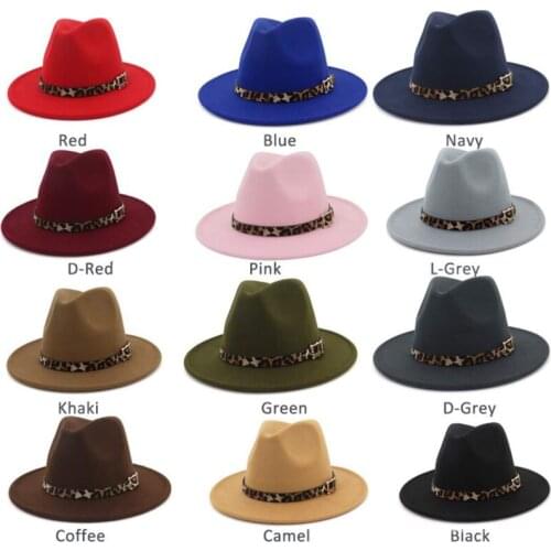 Simple unisex fedora hat women leopard print leather wide brim jazz hat autumn and winter fashion panama woolen top hat