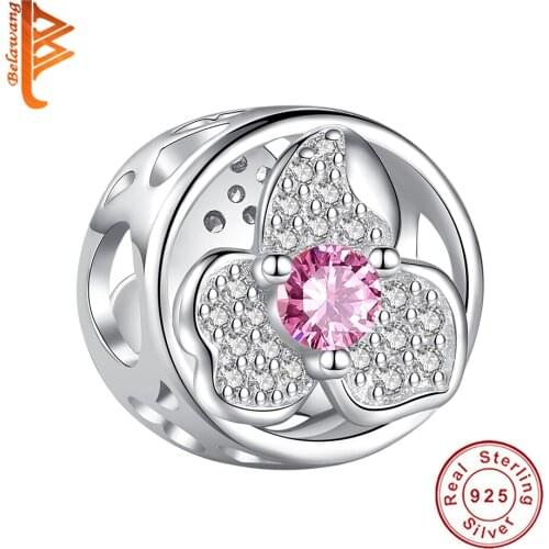 925 Sterling Silver Elegant Rose Flower Charm Bead With Platinum Plated Pink Zircon Fashion Charm Birthday Gift Popular Jewelry